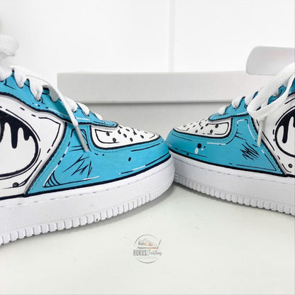 Custom Hand Painted Blue Comic AF1 Sneakers, Personalized Cartoon Drip Air Force 1 Shoes, Pop Art Streetwear Gift for Sneaker Lovers