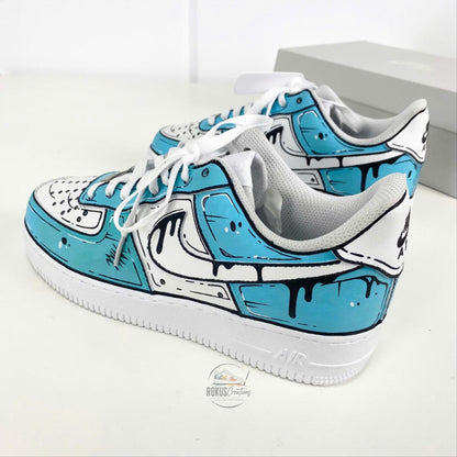 Custom Hand Painted Blue Comic AF1 Sneakers, Personalized Cartoon Drip Air Force 1 Shoes, Pop Art Streetwear Gift for Sneaker Lovers