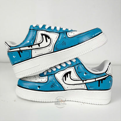 Custom Hand Painted Blue Comic AF1 Sneakers, Personalized Cartoon Drip Air Force 1 Shoes, Pop Art Streetwear Gift for Sneaker Lovers