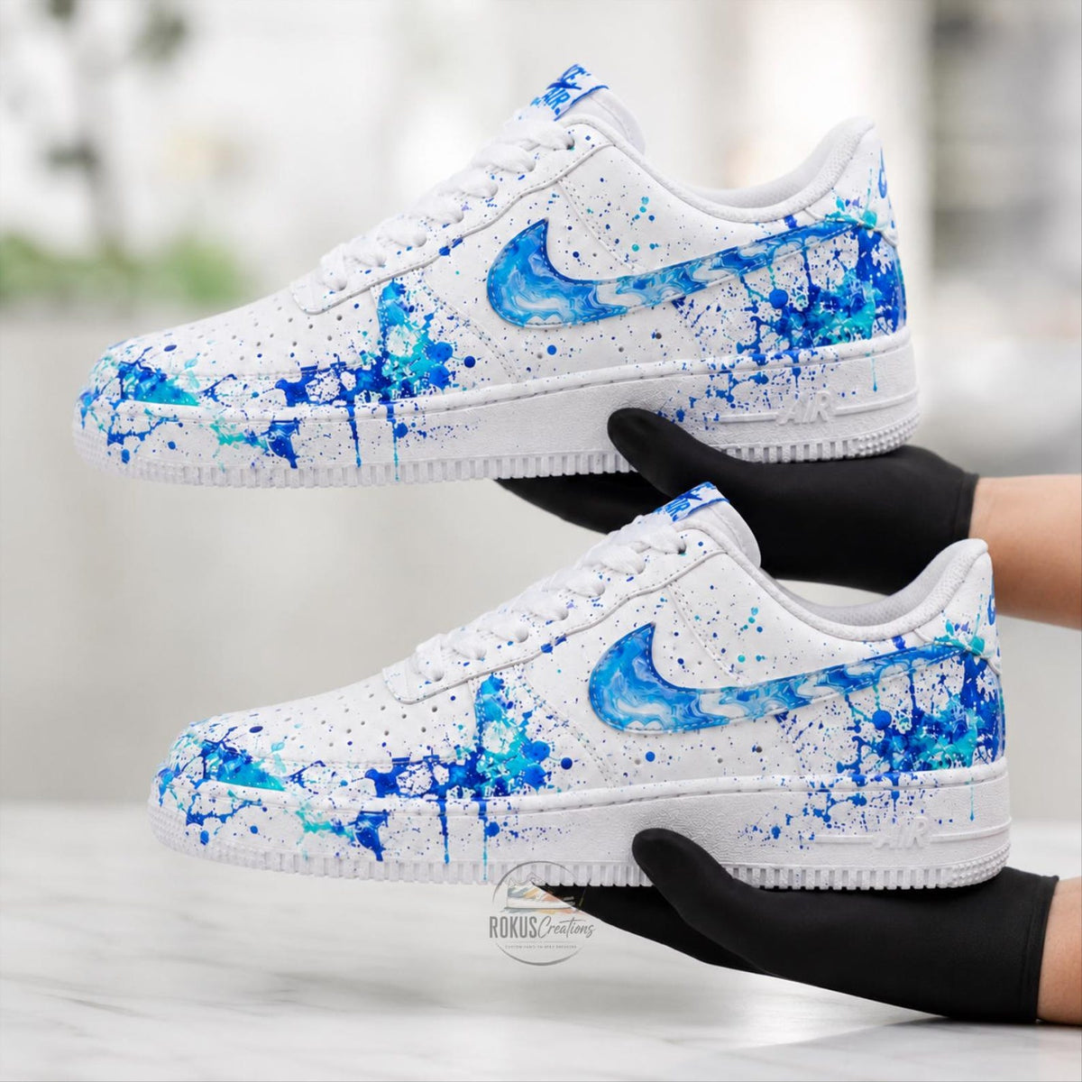 Custom Hand Painted Blue Splash AF1 Sneakers, Personalized Blue Drip Air Force 1 Shoes, Unique Streetwear Gift
