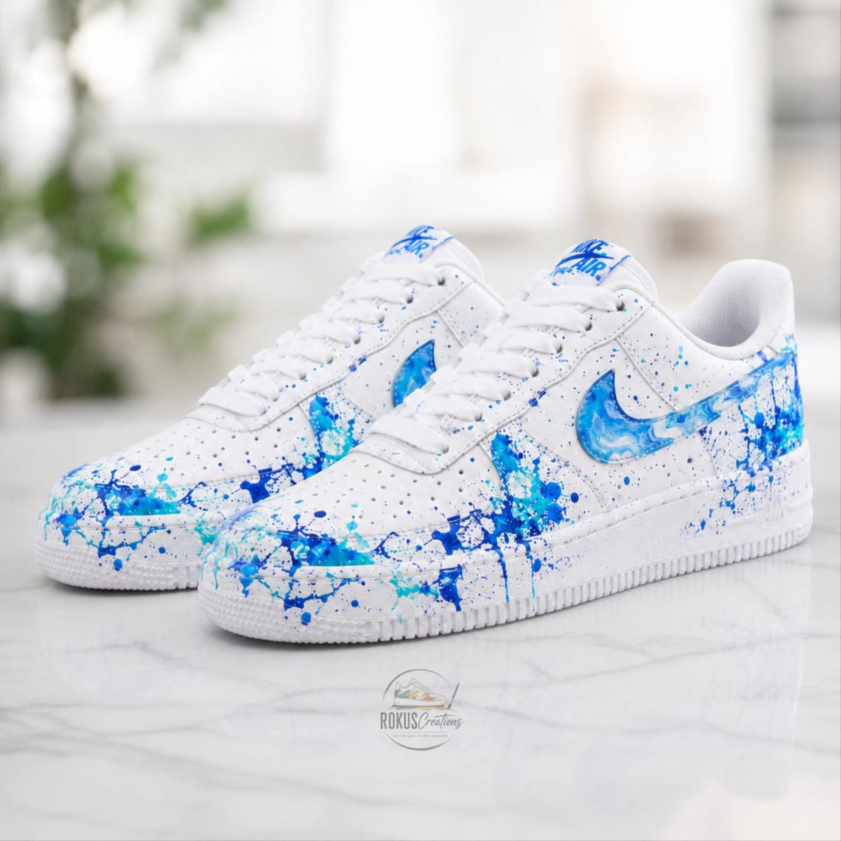 Custom Hand Painted Blue Splash AF1 Sneakers, Personalized Blue Drip Air Force 1 Shoes, Unique Streetwear Gift