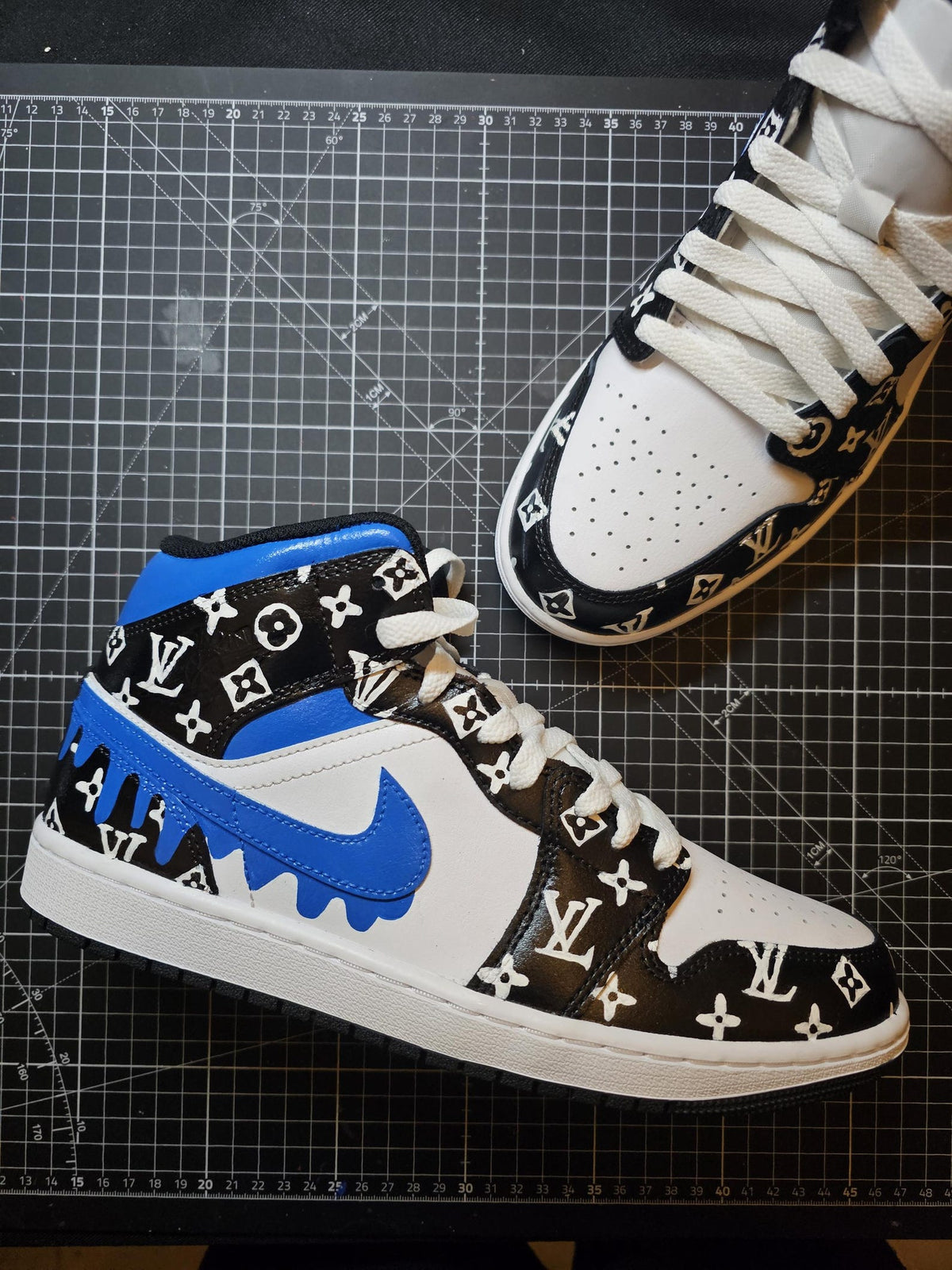 Custom Blue Drip Jordan 1 Mid – Hand Painted Designer Inspired Sneakers – Personalized Shoes