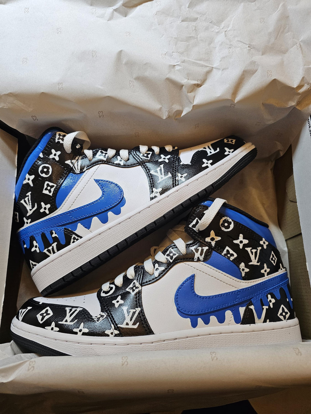 Custom Blue Drip Jordan 1 Mid – Hand Painted Designer Inspired Sneakers – Personalized Shoes