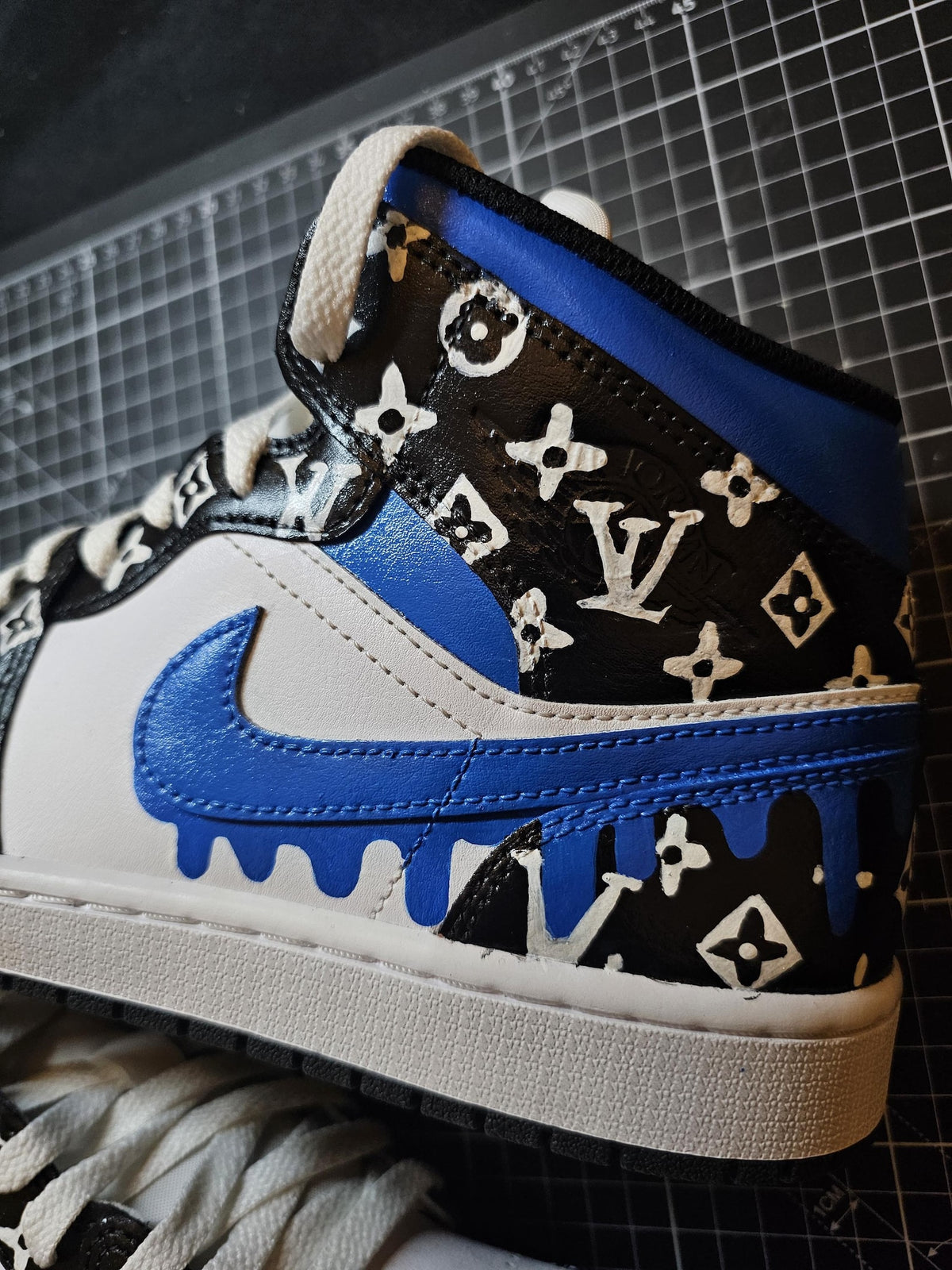 Custom Blue Drip Jordan 1 Mid – Hand Painted Designer Inspired Sneakers – Personalized Shoes