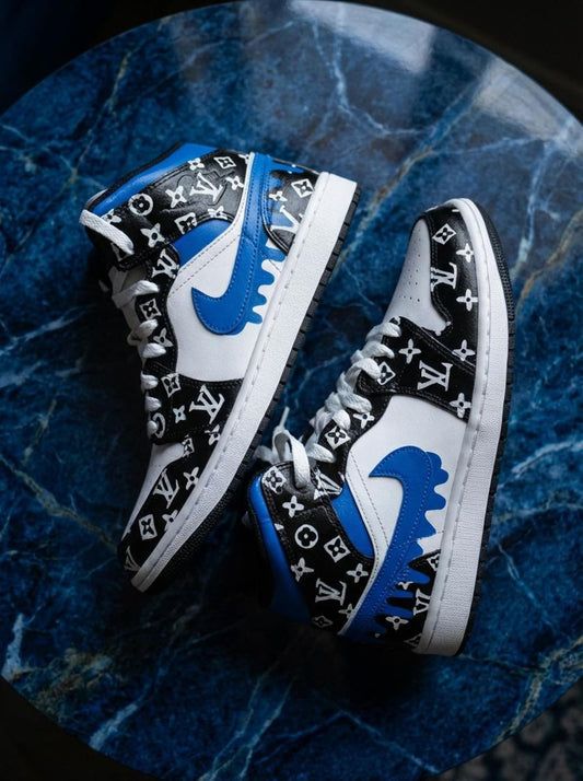 Custom Blue Drip Jordan 1 Mid – Hand Painted Designer Inspired Sneakers – Personalized Shoes