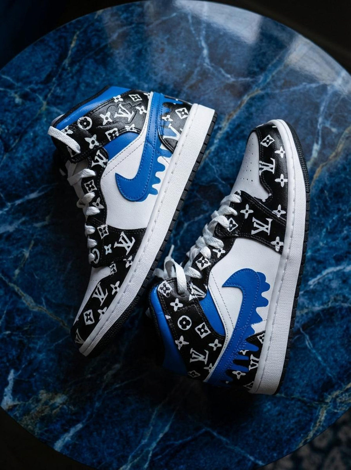 Custom Blue Drip Jordan 1 Mid – Hand Painted Designer Inspired Sneakers – Personalized Shoes