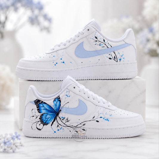 Custom Blue Butterfly Air Force 1, Hand Painted AF1 Sneakers, Personalized Butterfly Shoes, Floral White Sneakers, Gift for Her
