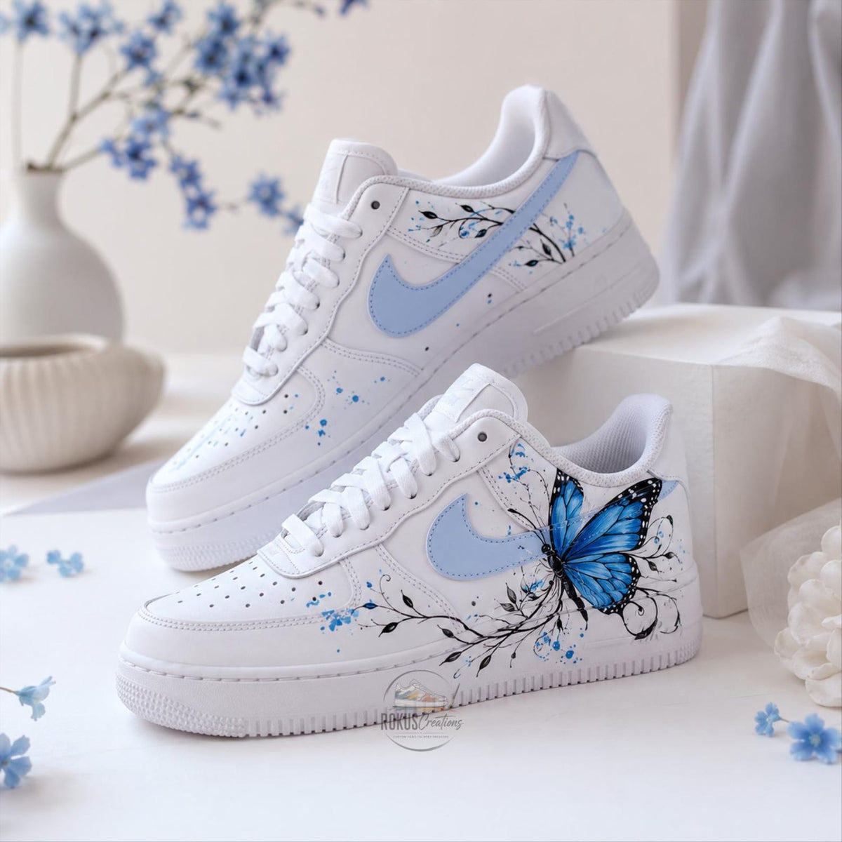 Custom Blue Butterfly Air Force 1, Hand Painted AF1 Sneakers, Personalized Butterfly Shoes, Floral White Sneakers, Gift for Her