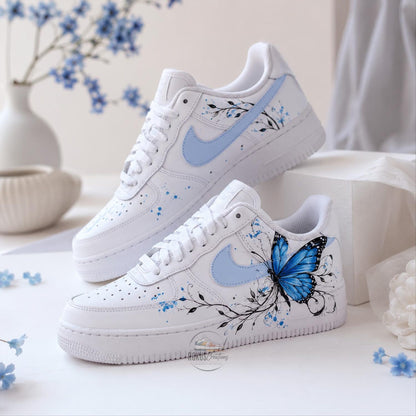 Custom Blue Butterfly Air Force 1, Hand Painted AF1 Sneakers, Personalized Butterfly Shoes, Floral White Sneakers, Gift for Her