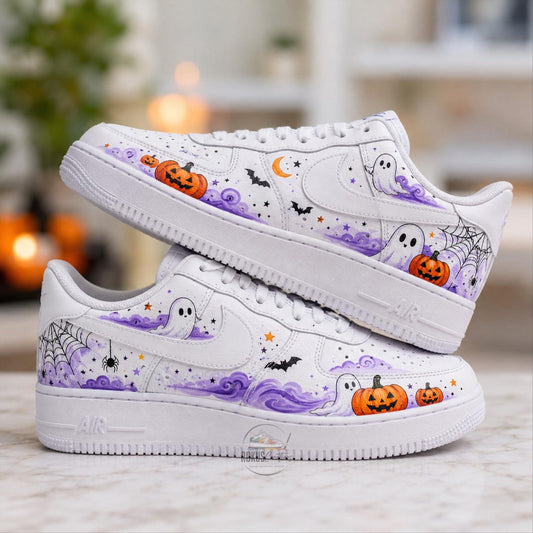 Custom Halloween Sneakers, Hand Painted Ghost Pumpkin Shoes, Spooky Streetwear Gift
