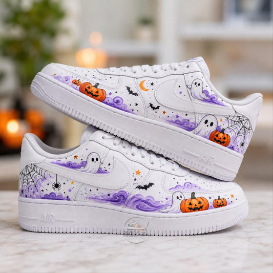 Custom Halloween Sneakers, Hand Painted Ghost Pumpkin Shoes, Spooky Streetwear Gift