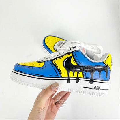 Custom Hand Painted Comic Style AF1 Sneakers, Personalized Blue Yellow Drip Air Force 1 Shoes, Unique Streetwear Gift
