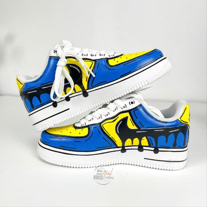 Custom Hand Painted Comic Style AF1 Sneakers, Personalized Blue Yellow Drip Air Force 1 Shoes, Unique Streetwear Gift