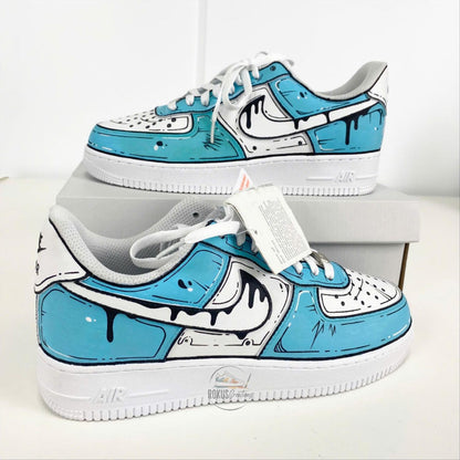 Custom Hand Painted Blue Comic AF1 Sneakers, Personalized Cartoon Drip Air Force 1 Shoes, Pop Art Streetwear Gift for Sneaker Lovers