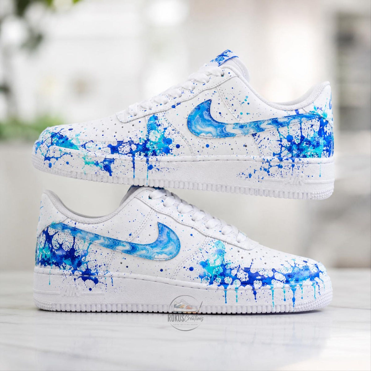 Custom Hand Painted Blue Splash AF1 Sneakers, Personalized Blue Drip Air Force 1 Shoes, Unique Streetwear Gift