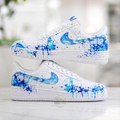 Custom Hand Painted Blue Splash AF1 Sneakers, Personalized Blue Drip Air Force 1 Shoes, Unique Streetwear Gift