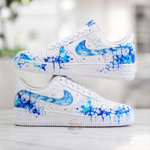 Custom Hand Painted Blue Splash AF1 Sneakers, Personalized Blue Drip Air Force 1 Shoes, Unique Streetwear Gift