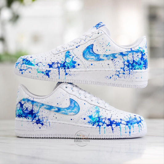 Custom Hand Painted Blue Splash AF1 Sneakers, Personalized Blue Drip Air Force 1 Shoes, Unique Streetwear Gift