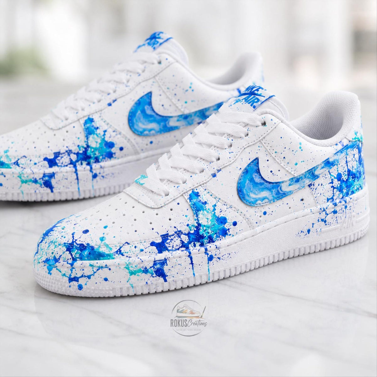 Custom Hand Painted Blue Splash AF1 Sneakers, Personalized Blue Drip Air Force 1 Shoes, Unique Streetwear Gift
