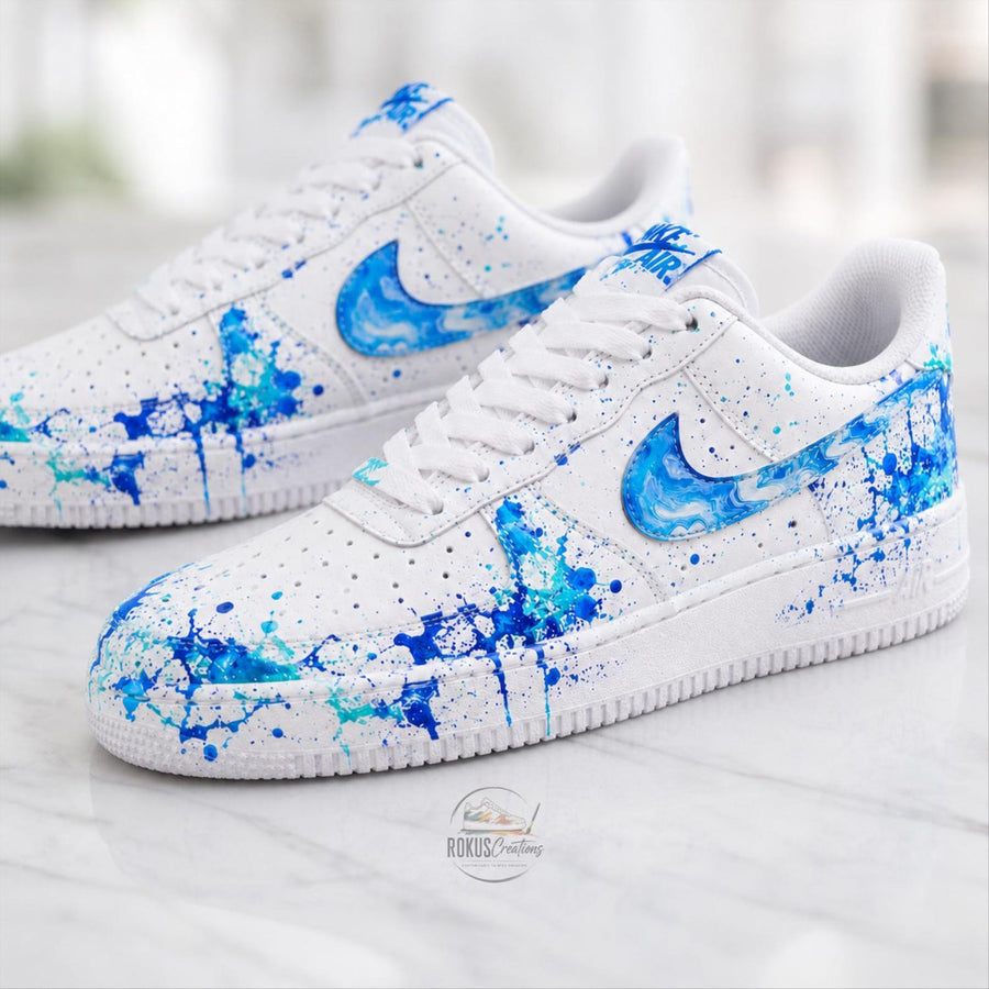 Custom Hand Painted Blue Splash AF1 Sneakers, Personalized Blue Drip Air Force 1 Shoes, Unique Streetwear Gift