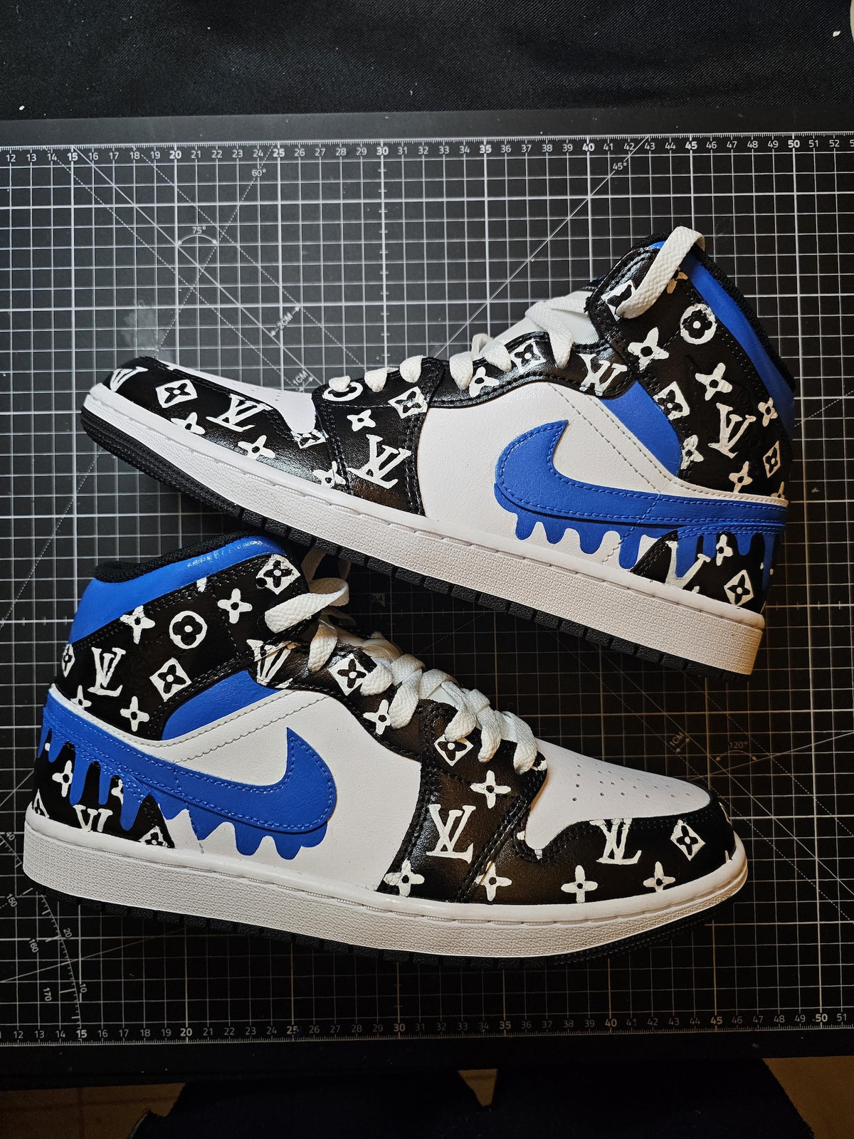 Custom Blue Drip Jordan 1 Mid – Hand Painted Designer Inspired Sneakers – Personalized Shoes