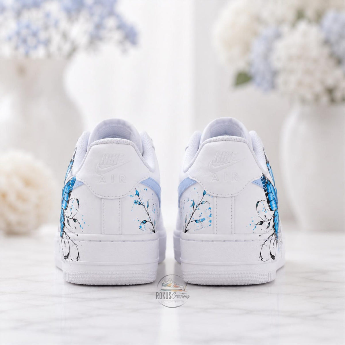 Custom Blue Butterfly Air Force 1, Hand Painted AF1 Sneakers, Personalized Butterfly Shoes, Floral White Sneakers, Gift for Her