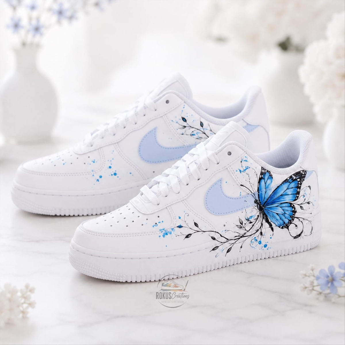 Custom Blue Butterfly Air Force 1, Hand Painted AF1 Sneakers, Personalized Butterfly Shoes, Floral White Sneakers, Gift for Her