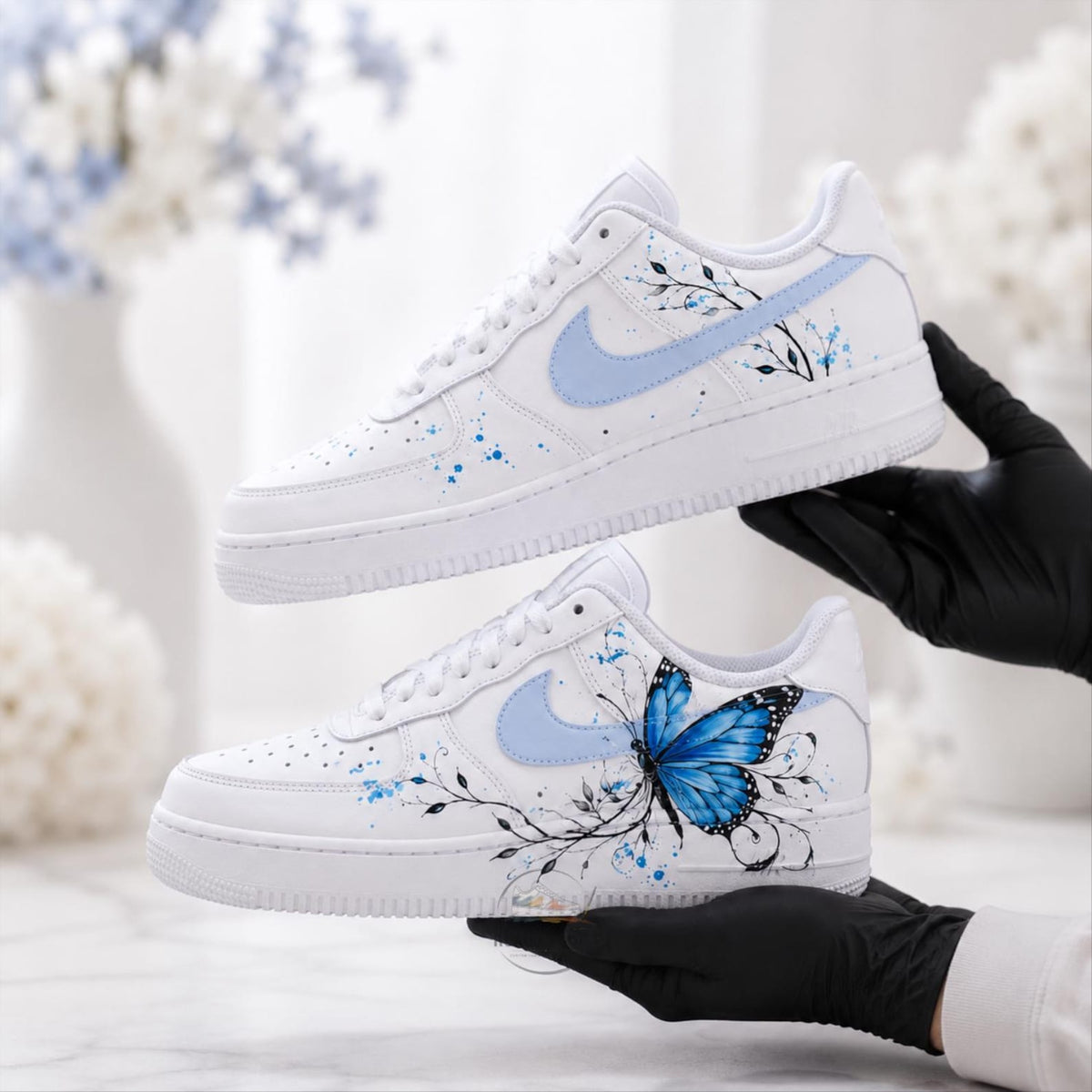 Custom Blue Butterfly Air Force 1, Hand Painted AF1 Sneakers, Personalized Butterfly Shoes, Floral White Sneakers, Gift for Her