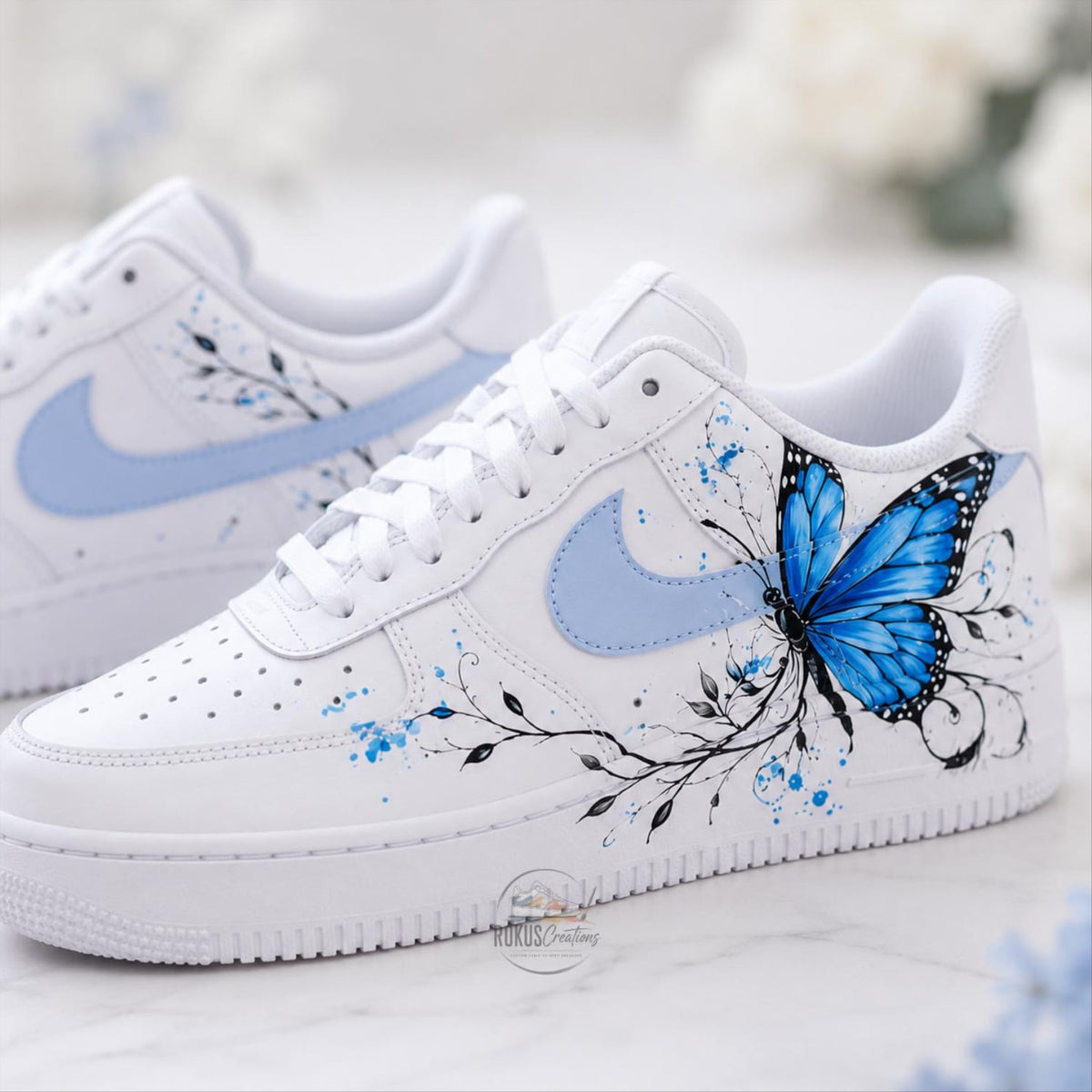 Custom Blue Butterfly Air Force 1, Hand Painted AF1 Sneakers, Personalized Butterfly Shoes, Floral White Sneakers, Gift for Her