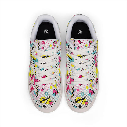 80s 90s Retro Neon Sneakers | Vintage Grid Zigzag Print Low Top Shoes for Costume Party Casual