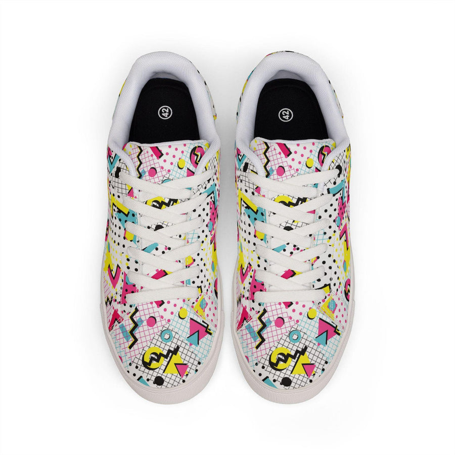 80s 90s Retro Neon Sneakers | Vintage Grid Zigzag Print Low Top Shoes for Costume Party Casual