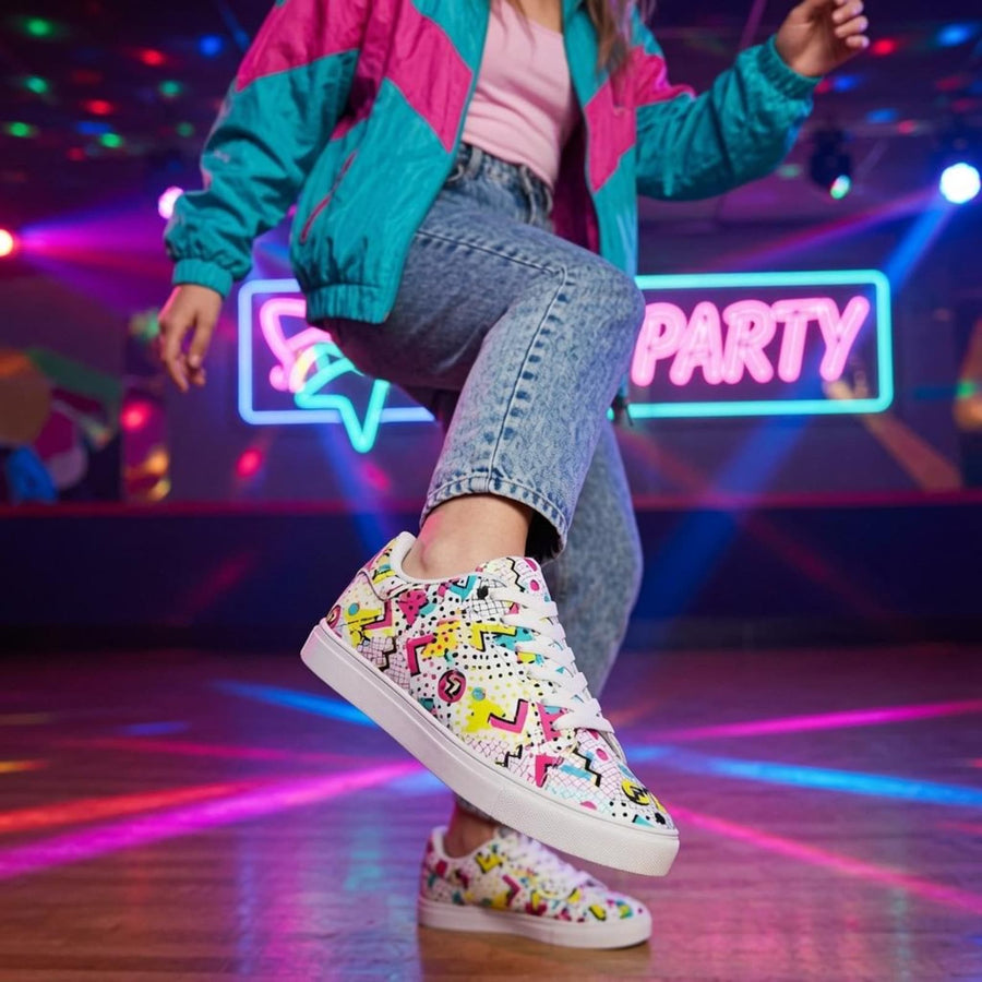80s 90s Retro Neon Sneakers | Vintage Grid Zigzag Print Low Top Shoes for Costume Party Casual