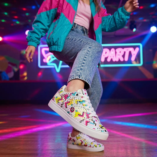 80s 90s Retro Neon Sneakers | Vintage Grid Zigzag Print Low Top Shoes for Costume Party Casual