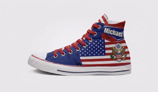Personalized American Flag High Top Sneakers, Custom Name USA Patriotic Shoes, Personalized Name Canvas Kicks, 4th of July Men's Footwear