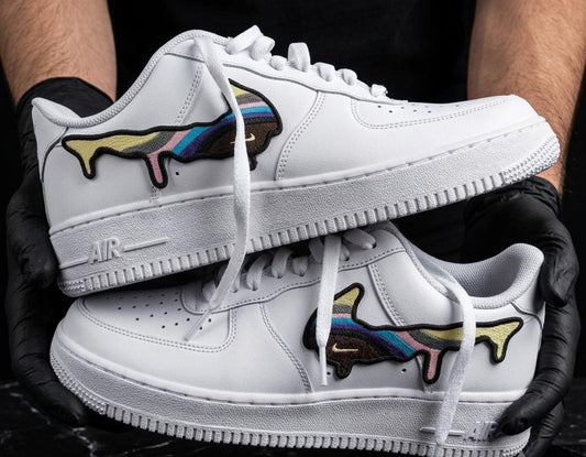 Custom Air Force 1 Rainbow Drip Shark Sneakers | Handmade Embroidered Patch Shoes | Personalized AF1