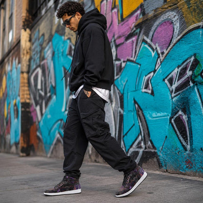 Shadow Work Unisex High Top Sneakers, Psychedelic Geometric Shoes, Black Purple Streetwear, Alternative Festival Fashion, Rave Shoes