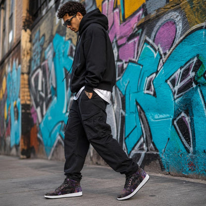 Shadow Work Unisex High Top Sneakers, Psychedelic Geometric Shoes, Black Purple Streetwear, Alternative Festival Fashion, Rave Shoes