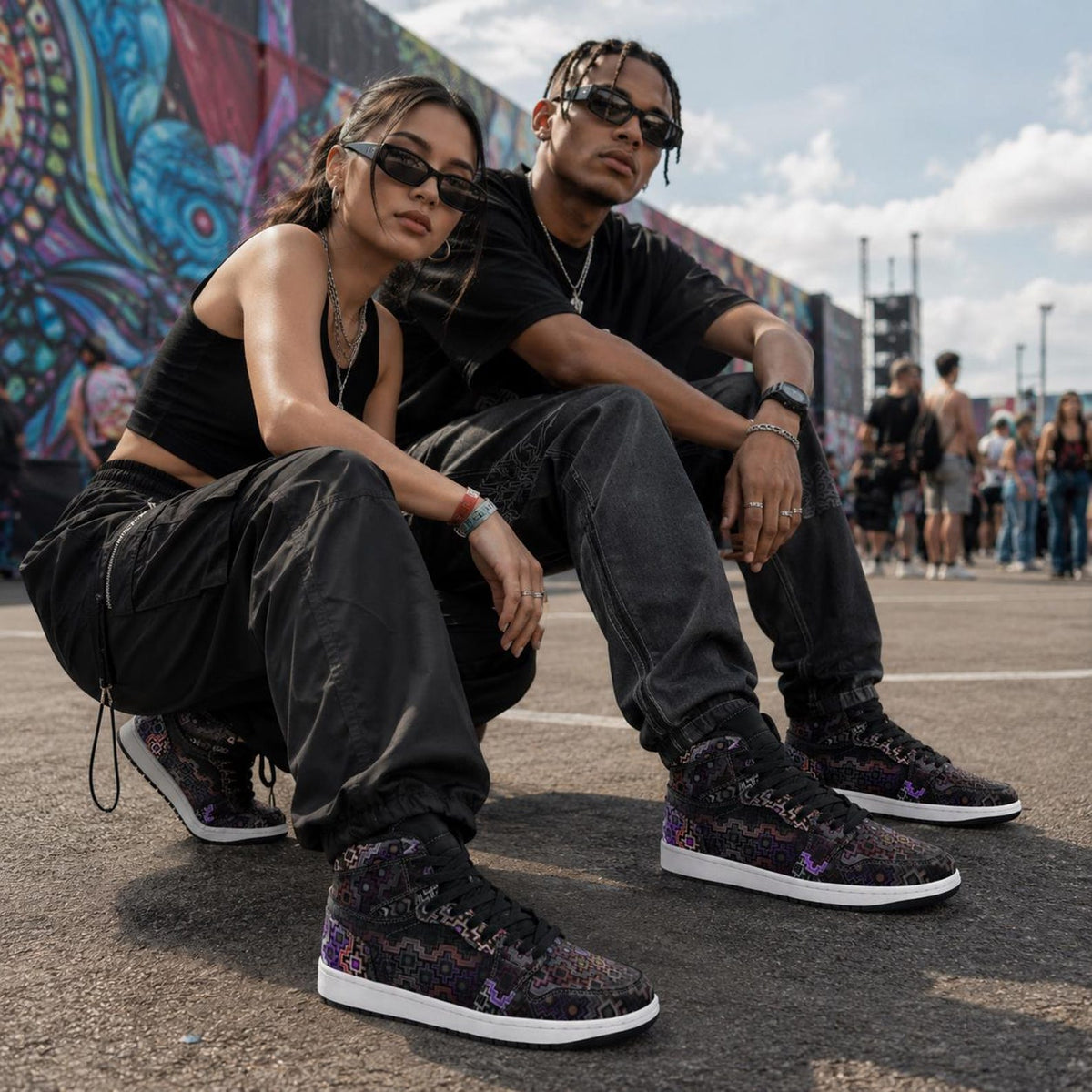 Shadow Work Unisex High Top Sneakers, Psychedelic Geometric Shoes, Black Purple Streetwear, Alternative Festival Fashion, Rave Shoes