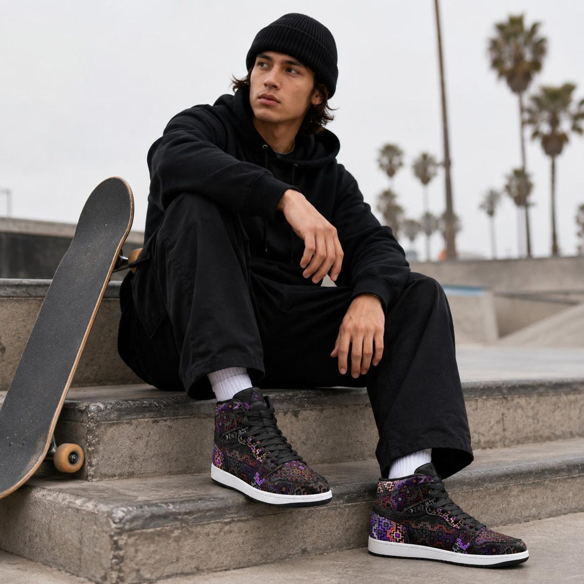 Shadow Work Unisex High Top Sneakers, Psychedelic Geometric Shoes, Black Purple Streetwear, Alternative Festival Fashion, Rave Shoes