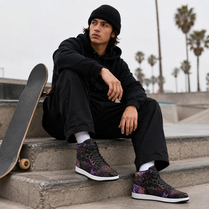 Shadow Work Unisex High Top Sneakers, Psychedelic Geometric Shoes, Black Purple Streetwear, Alternative Festival Fashion, Rave Shoes