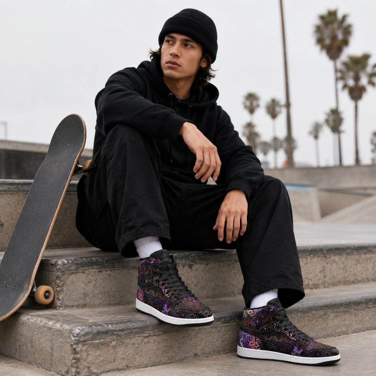 Shadow Work Unisex High Top Sneakers, Psychedelic Geometric Shoes, Black Purple Streetwear, Alternative Festival Fashion, Rave Shoes