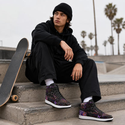 Shadow Work Unisex High Top Sneakers, Psychedelic Geometric Shoes, Black Purple Streetwear, Alternative Festival Fashion, Rave Shoes