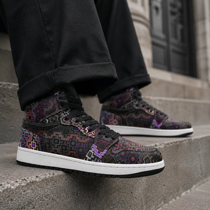 Shadow Work Unisex High Top Sneakers, Psychedelic Geometric Shoes, Black Purple Streetwear, Alternative Festival Fashion, Rave Shoes