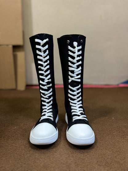 Custom Knee High Canvas Sneakers, Handmade Lace Up Streetwear Footwear