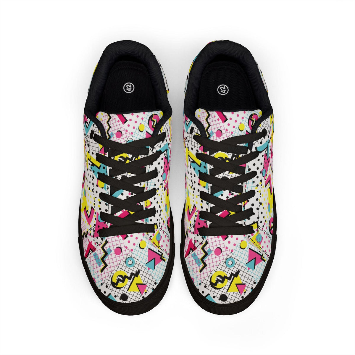 80s 90s Retro Neon Sneakers | Vintage Grid Zigzag Print Low Top Shoes for Costume Party Casual