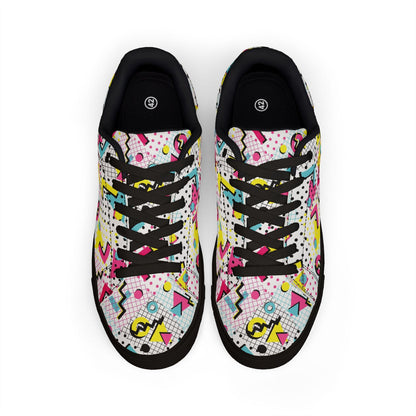 80s 90s Retro Neon Sneakers | Vintage Grid Zigzag Print Low Top Shoes for Costume Party Casual