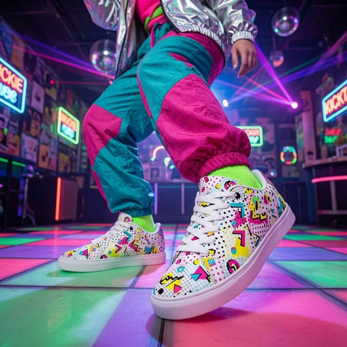 80s 90s Retro Neon Sneakers | Vintage Grid Zigzag Print Low Top Shoes for Costume Party Casual