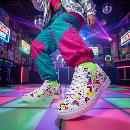 80s 90s Retro Neon Sneakers | Vintage Grid Zigzag Print Low Top Shoes for Costume Party Casual