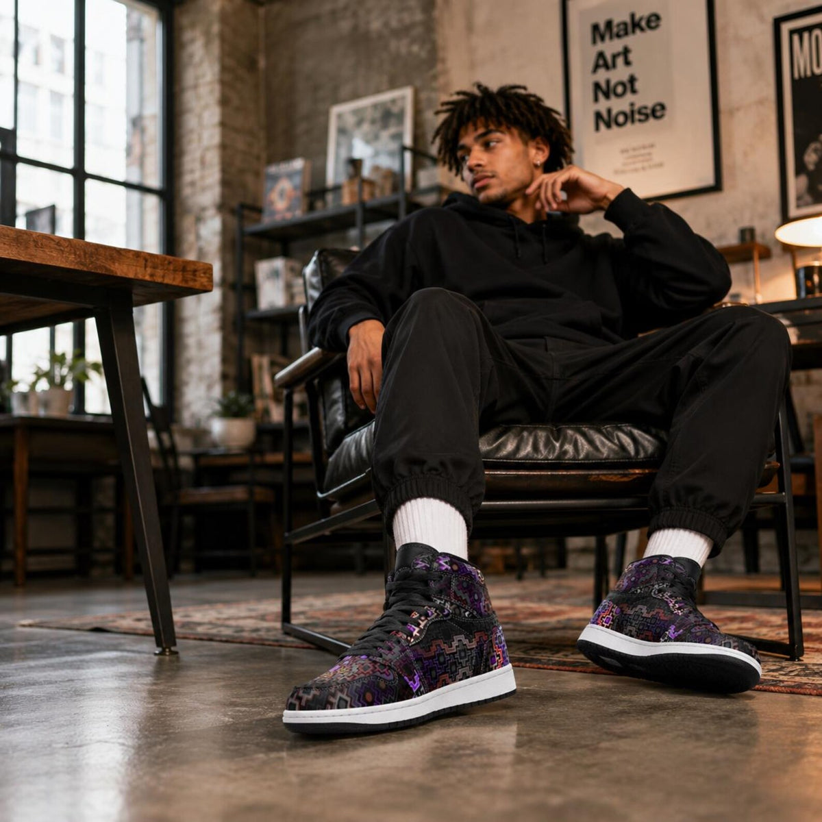Shadow Work Unisex High Top Sneakers, Psychedelic Geometric Shoes, Black Purple Streetwear, Alternative Festival Fashion, Rave Shoes