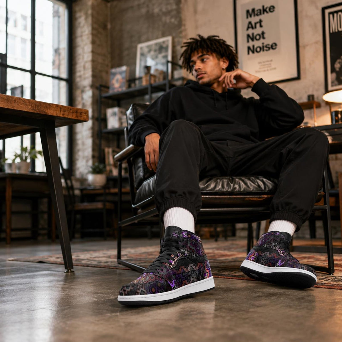 Shadow Work Unisex High Top Sneakers, Psychedelic Geometric Shoes, Black Purple Streetwear, Alternative Festival Fashion, Rave Shoes